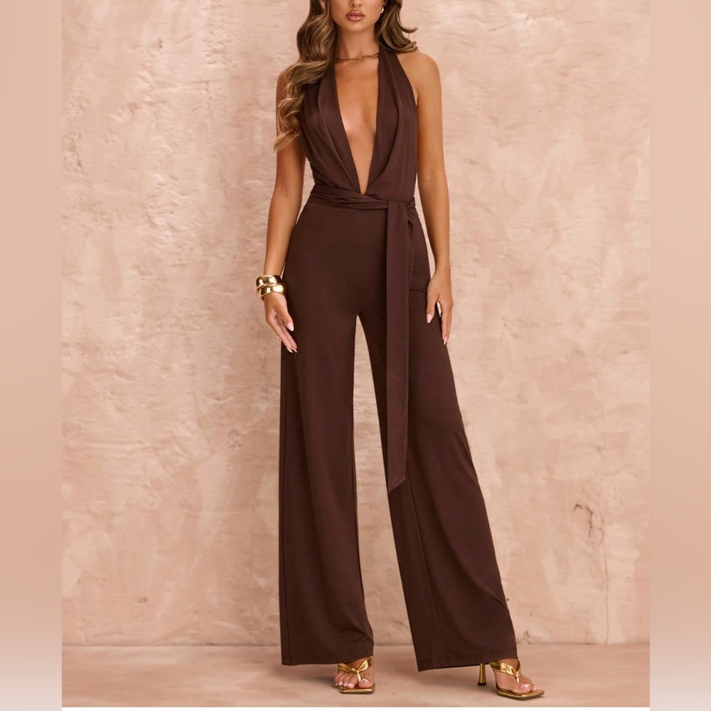 Draped Deep V Knot  Backless Halter Jumpsuit Brown